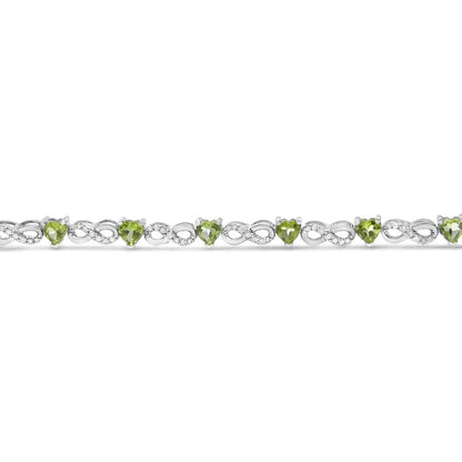 .925 Sterling Silver 1.00 Cttw Diamond and 4.00mm Lab Created Green Heart-Shaped Peridot Infinity Link Bracelet (I-J Color, I2-I3 Clarity) - 7.25" - Bijoux-NYC Direct