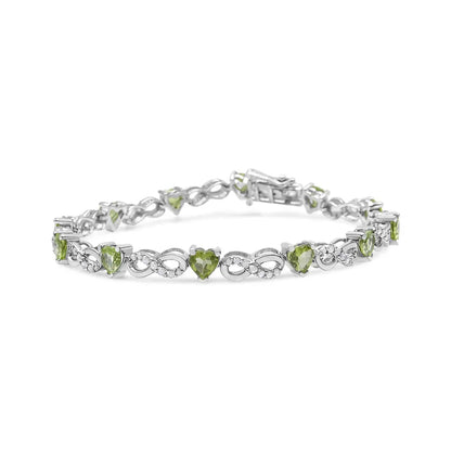 .925 Sterling Silver 1.00 Cttw Diamond and 4.00mm Lab Created Green Heart-Shaped Peridot Infinity Link Bracelet (I-J Color, I2-I3 Clarity) - 7.25" - Bijoux-NYC Direct