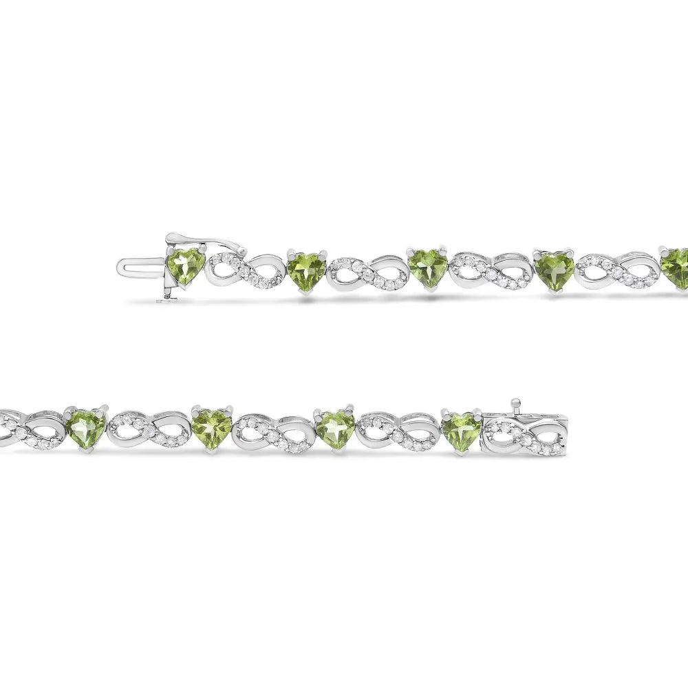 Sterling silver 1ctw diamond and heart lab peridot infinity bracelet 7.25 bijoux-nyc direct