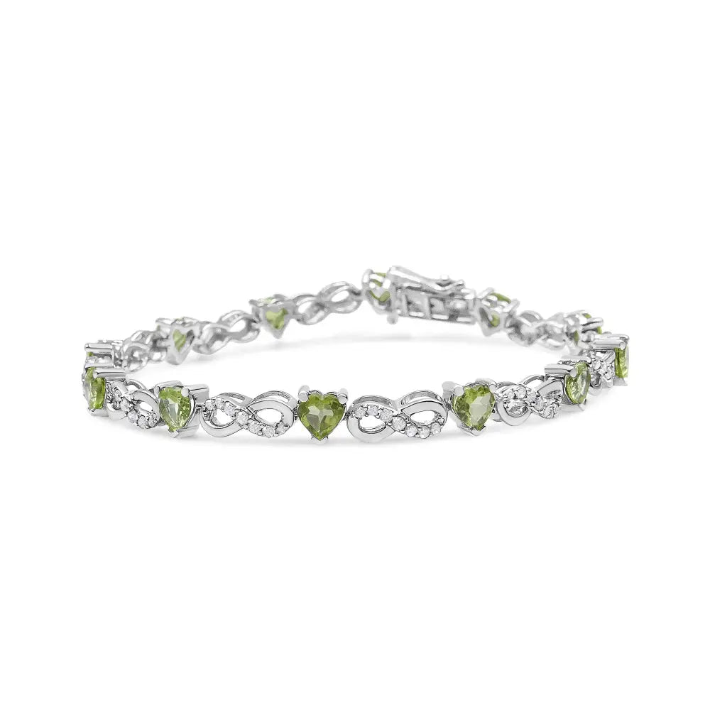 Sterling silver 1ctw diamond and heart lab peridot infinity bracelet 7.25 bijoux-nyc direct