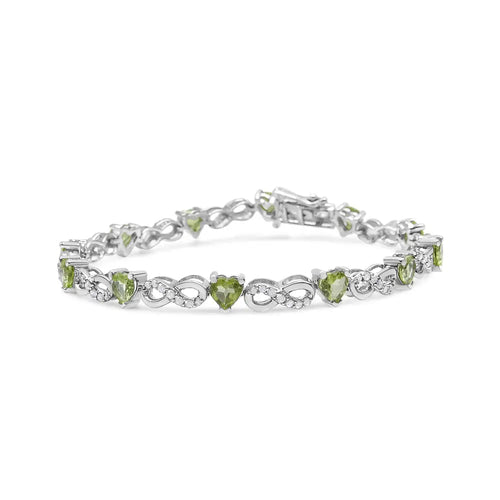 .925 sterling silver 1.00 cttw diamond and 4.00mm lab created green heart-shaped peridot infinity link bracelet (i-j