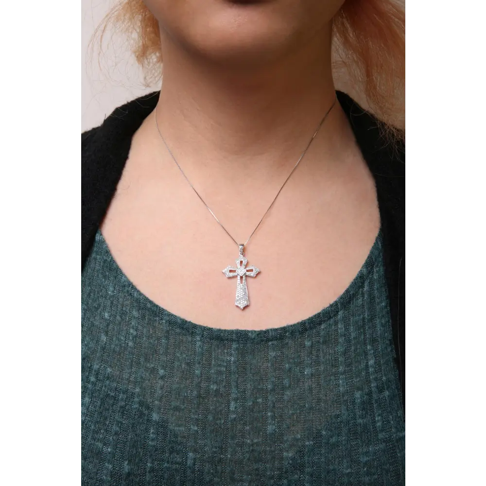 .925 Sterling Silver 1.00 Cttw Diamond Fleur De Lis Cross 18" Pendant Necklace (H-I Color, I2-I3 Clarity) - Bijoux-NYC Direct