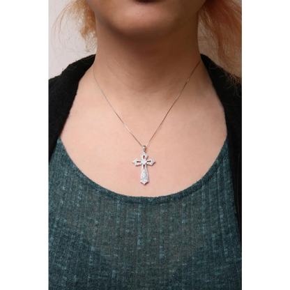 .925 Sterling Silver 1.00 Cttw Diamond Fleur De Lis Cross 18" Pendant Necklace (H-I Color, I2-I3 Clarity) - Bijoux-NYC Direct