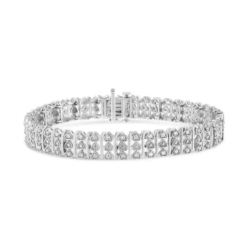 .925 Sterling Silver 1.00 Cttw Diamond Multi Row Heart Link Bracelet (H-I Color, I1-I2 Clarity) - 7.25" Inches - Bijoux-NYC Direct