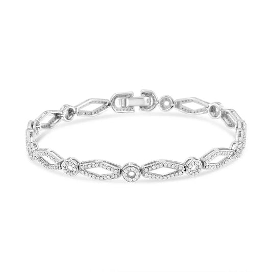 .925 Sterling Silver 1 1/2 Cttw Diamond Studded Alternating Circle and Kite-Shaped Vintage-Style Link Bracelet (I-J Color, I2-I3 Clarity) 7 Inch - Bijoux-NYC Direct