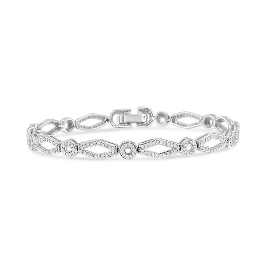 .925 Sterling Silver 1 1/2 Cttw Diamond Studded Alternating Circle and Kite-Shaped Vintage-Style Link Bracelet (I-J Color, I2-I3 Clarity) 7 Inch - Bijoux-NYC Direct