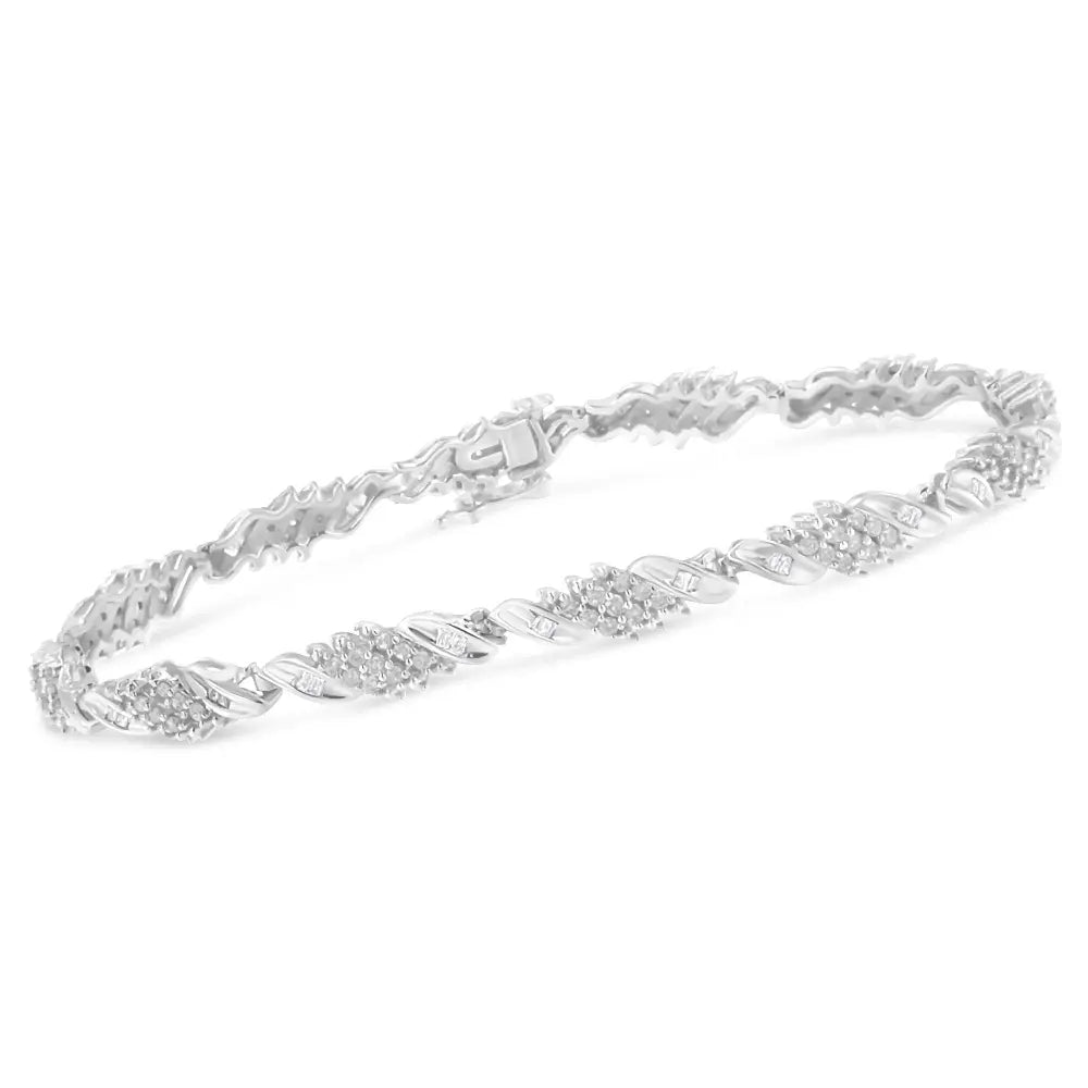.925 Sterling Silver 1-1/2 Cttw Round and Baguette Cut Diamond Wave Link Bracelet (I-J Color, I2-I3 Clarity) - 7" - Bijoux-NYC Direct
