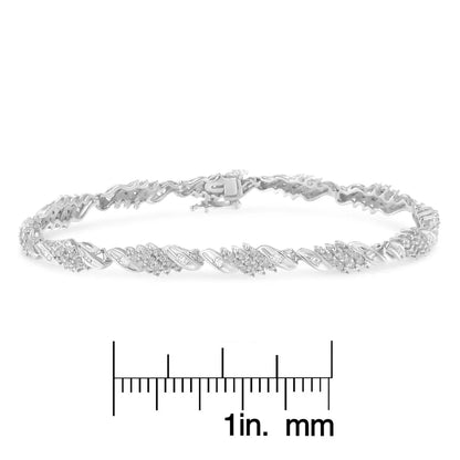 .925 Sterling Silver 1-1/2 Cttw Round and Baguette Cut Diamond Wave Link Bracelet (I-J Color, I2-I3 Clarity) - 7" - Bijoux-NYC Direct