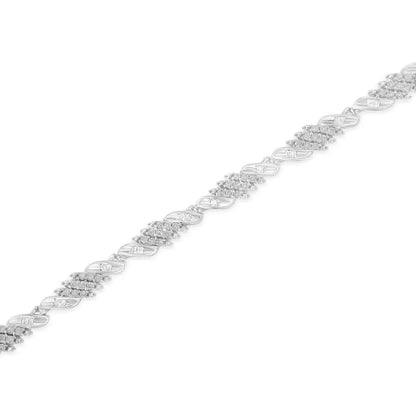 .925 Sterling Silver 1-1/2 Cttw Round and Baguette Cut Diamond Wave Link Bracelet (I-J Color, I2-I3 Clarity) - 7" - Bijoux-NYC Direct