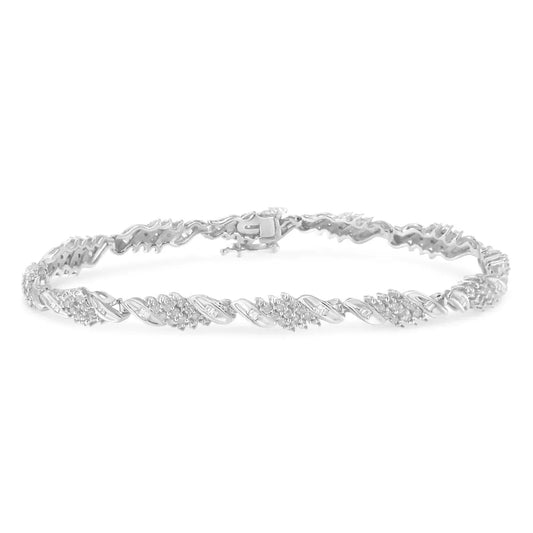 .925 Sterling Silver 1-1/2 Cttw Round and Baguette Cut Diamond Wave Link Bracelet (I-J Color, I2-I3 Clarity) - 7" - Bijoux-NYC Direct