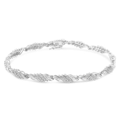 .925 Sterling Silver 1-1/2 Cttw Round and Baguette Cut Diamond Wave Link Bracelet (I-J Color, I2-I3 Clarity) - 7" - Bijoux-NYC Direct