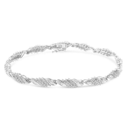 .925 Sterling Silver 1-1/2 Cttw Round and Baguette Cut Diamond Wave Link Bracelet (I-J Color, I2-I3 Clarity) - 7" - Bijoux-NYC Direct