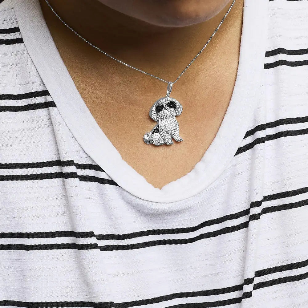 Sterling silver 1 1/4 cttw diamond shih tzu dog pendant necklace 18 inch bijoux-nyc direct