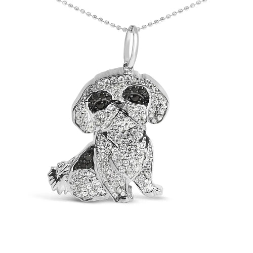 .925 sterling silver 1 1/4 cttw diamond shih tzu dog pendant necklace 18 inch (black and i-j color i2-i3 clarity)