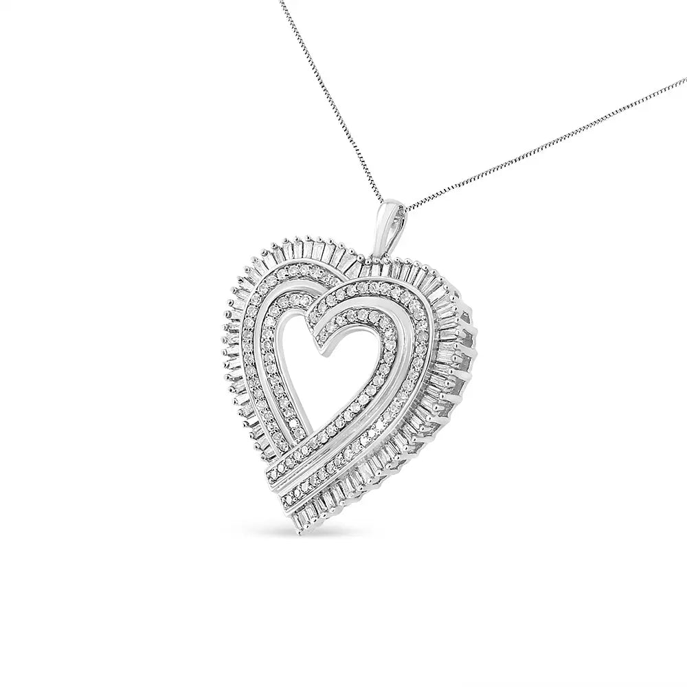 .925 Sterling Silver 1 1/4 Cttw Round and Baguette-Cut Diamond Composite Heart 18" Pendant Necklace (I-J Color, I1-I2 Clarity) - Bijoux-NYC Direct