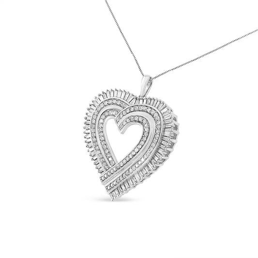.925 Sterling Silver 1 1/4 Cttw Round and Baguette-Cut Diamond Composite Heart 18" Pendant Necklace (I-J Color, I1-I2 Clarity) - Bijoux-NYC Direct