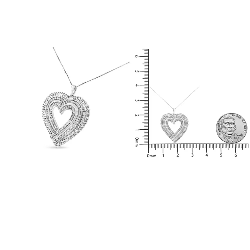 .925 Sterling Silver 1 1/4 Cttw Round and Baguette-Cut Diamond Composite Heart 18" Pendant Necklace (I-J Color, I1-I2 Clarity) - Bijoux-NYC Direct