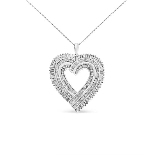 .925 Sterling Silver 1 1/4 Cttw Round and Baguette-Cut Diamond Composite Heart 18" Pendant Necklace (I-J Color, I1-I2 Clarity) - Bijoux-NYC Direct