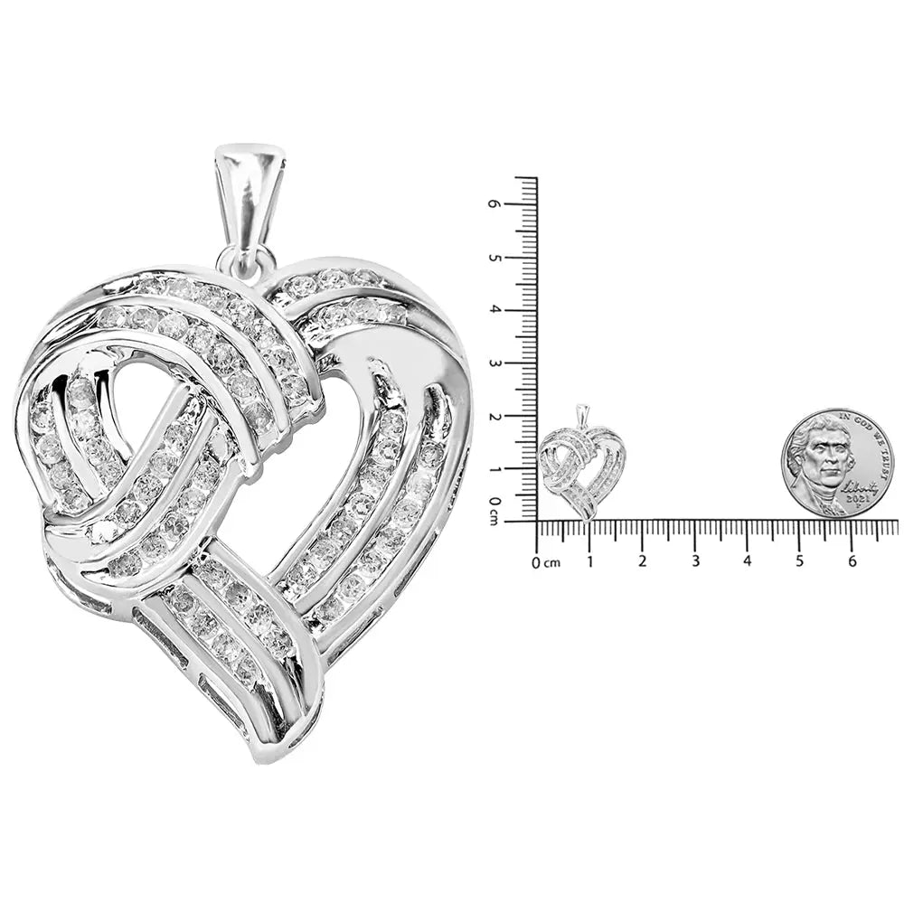 Sterling silver 1 1/4 cttw round diamond openwork ribbon heart necklace bijoux-nyc direct