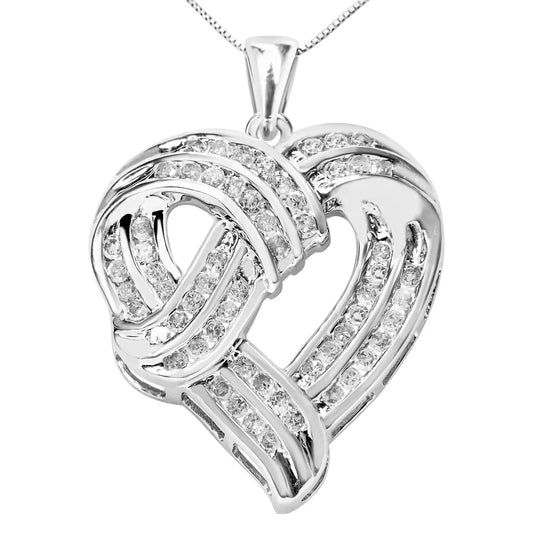 .925 Sterling Silver 1 1/4 Cttw Round Diamond Openwork Ribbon Weave Heart Pendant 18" Necklace (I-J Color, I3 Clarity) - Bijoux-NYC Direct