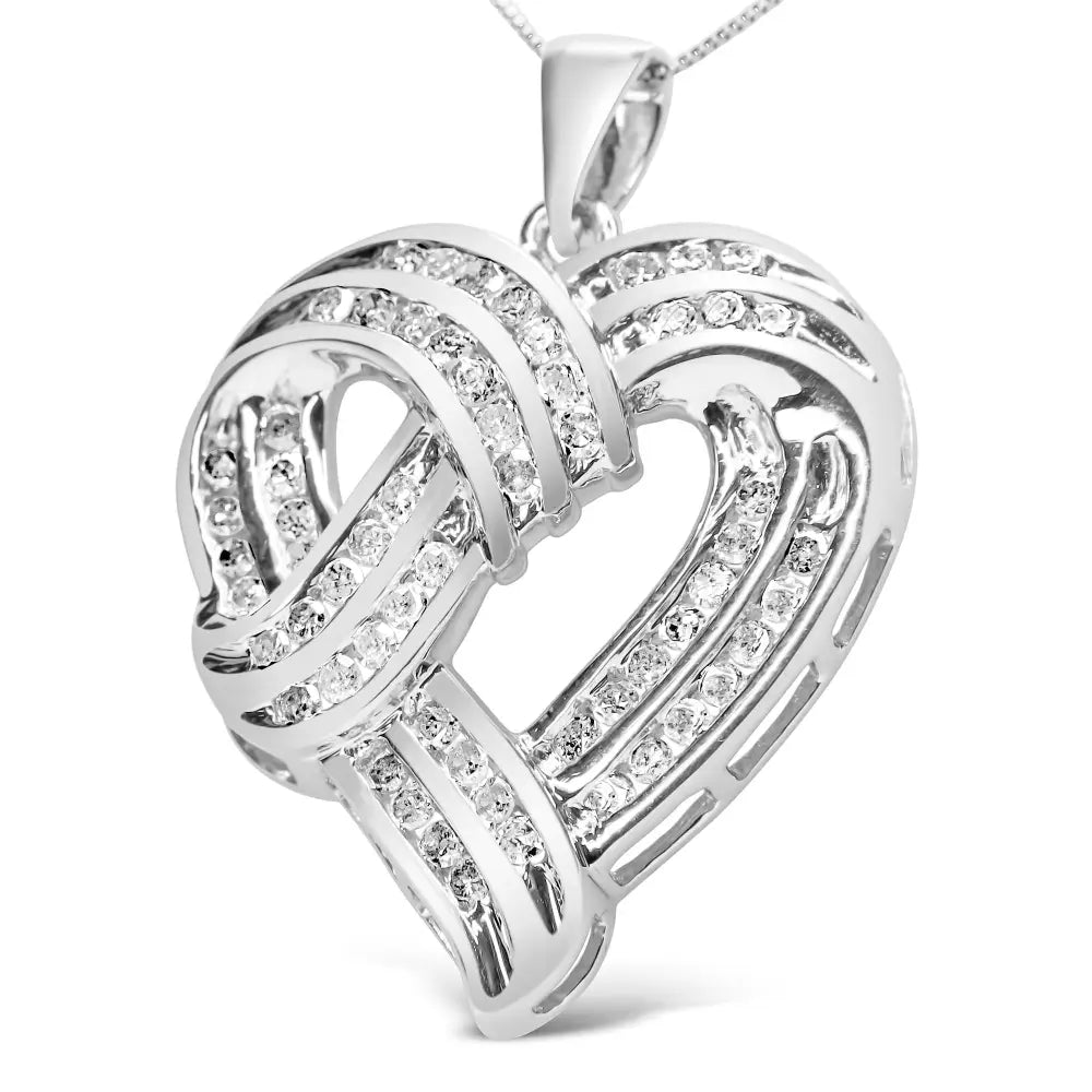 Sterling silver 1 1/4 cttw round diamond openwork ribbon heart necklace bijoux-nyc direct