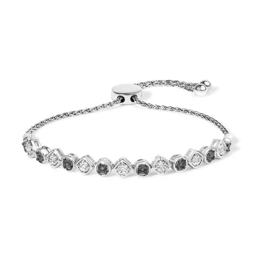 .925 Sterling Silver 1/10 Cttw Alternating Blue and White Diamond Link Bolo Bracelet (Blue/I-J Color, I2-I3 Clarity) - Bijoux-NYC Direct
