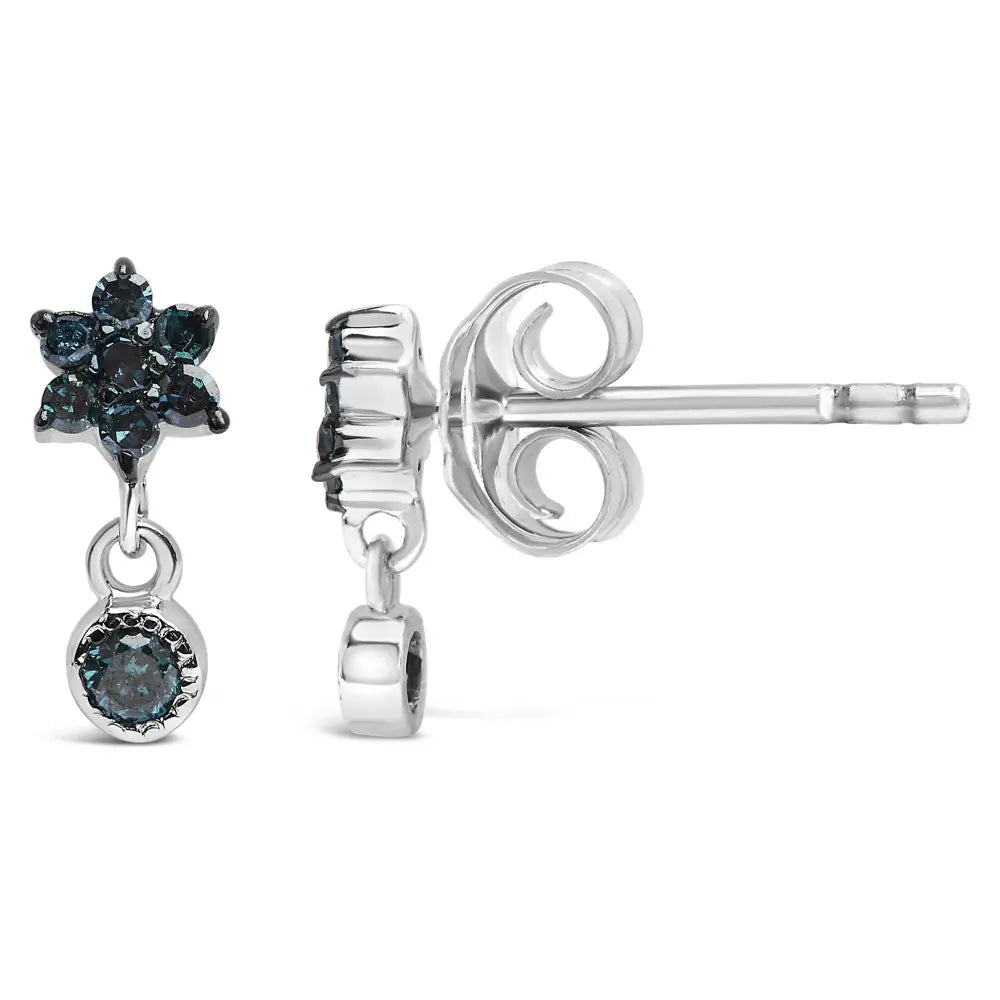.925 Sterling Silver 1/10 Cttw Blue Diamond Star Stud with Bezel Drop Dangle Earrings (Blue Color, I2-I3 Clarity) - Bijoux-NYC Direct