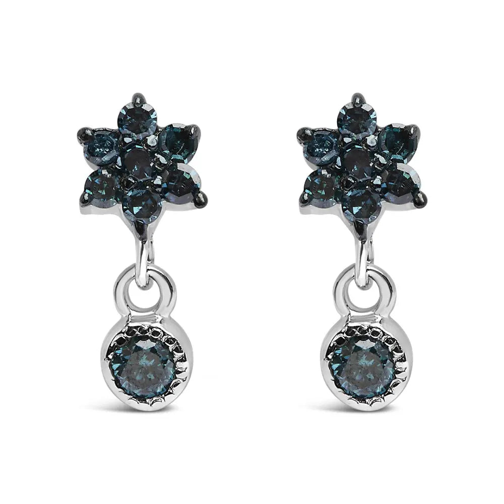 .925 Sterling Silver 1/10 Cttw Blue Diamond Star Stud with Bezel Drop Dangle Earrings (Blue Color, I2-I3 Clarity) - Bijoux-NYC Direct