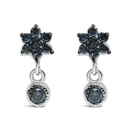 .925 Sterling Silver 1/10 Cttw Blue Diamond Star Stud with Bezel Drop Dangle Earrings (Blue Color, I2-I3 Clarity) - Bijoux-NYC Direct