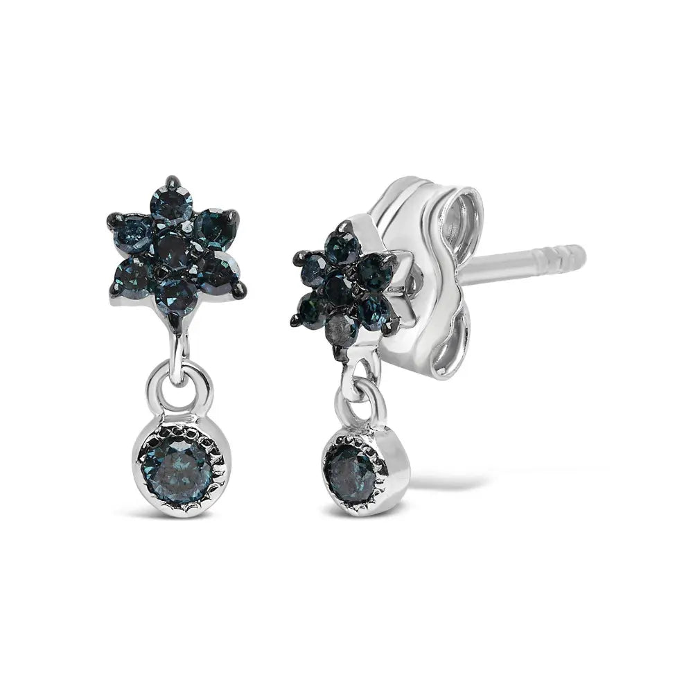.925 Sterling Silver 1/10 Cttw Blue Diamond Star Stud with Bezel Drop Dangle Earrings (Blue Color, I2-I3 Clarity) - Bijoux-NYC Direct