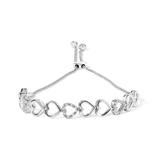 .925 Sterling Silver 1/10 Cttw Diamond Heart Link Bolo Bracelet (I-J Color, I2-I3 Clarity) - Bijoux-NYC Direct