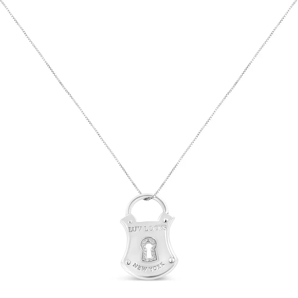 .925 Sterling Silver 1/10 Cttw Diamond Lock Pendant 18" Necklace (H-I Color, I1-I2 Clarity) - Bijoux-NYC Direct
