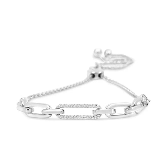 .925 Sterling Silver 1/10 Cttw Diamond Paperclip Link Adjustable Bolo Bracelet (I-J Color, I2-I3 Clarity) - Bijoux-NYC Direct