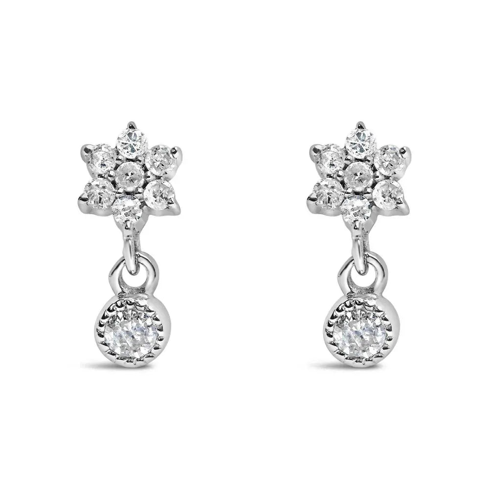 .925 Sterling Silver 1/10 Cttw Diamond Star Stud with Bezel Drop Dangle Earrings (I-J Color, I2-I3 Clarity) - Bijoux-NYC Direct