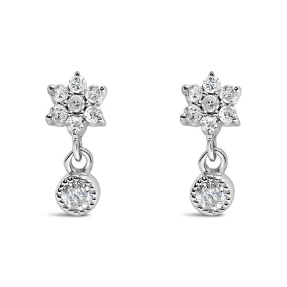 .925 Sterling Silver 1/10 Cttw Diamond Star Stud with Bezel Drop Dangle Earrings (I-J Color, I2-I3 Clarity) - Bijoux-NYC Direct