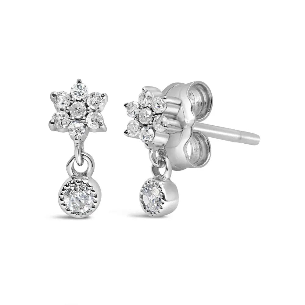 .925 Sterling Silver 1/10 Cttw Diamond Star Stud with Bezel Drop Dangle Earrings (I-J Color, I2-I3 Clarity) - Bijoux-NYC Direct