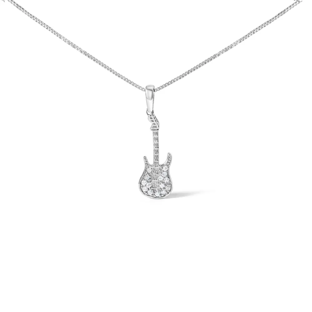 .925 sterling silver 1/10 cttw diamond studded guitar pendant necklace (i j color i2 i3 clarity) 18’’ inches
