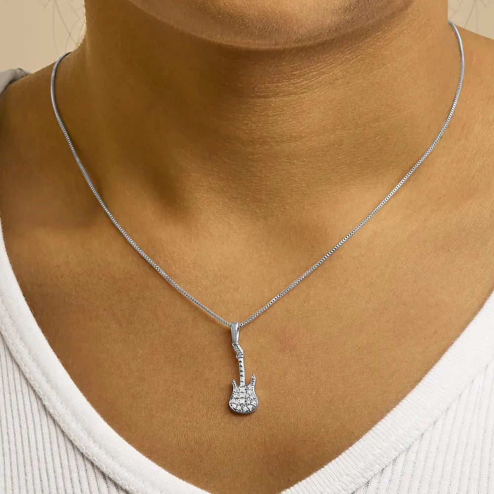 .925 sterling silver 1/10 cttw diamond studded guitar pendant necklace (i j color i2 i3 clarity) 18’’ inches