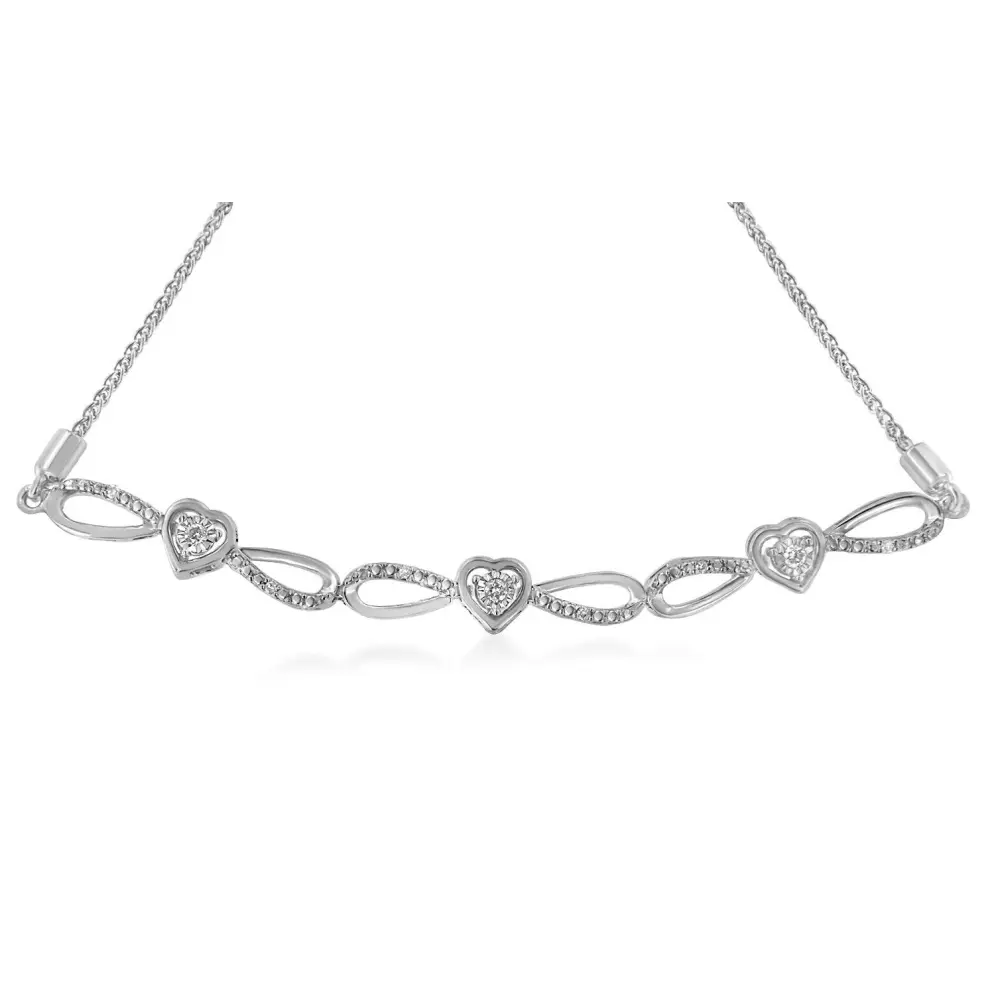 .925 Sterling Silver 1/10 Cttw Diamond Triple Heart-in-Infinity Bolo Style Adjustable Bracelet (H-I Color, I2-I3 Clarity) - Bijoux-NYC Direct
