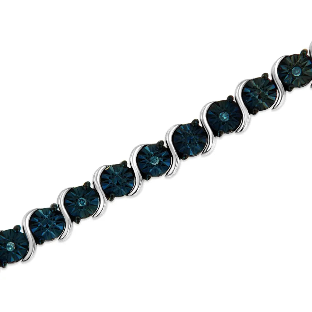 .925 Sterling Silver 1/10 Cttw Miracle-Set Treated Blue Color Diamond Miracle Plate "S" Link Tennis Bracelet (Blue Color, I2- I3 Clarity) - 7.25" - Bijoux-NYC Direct