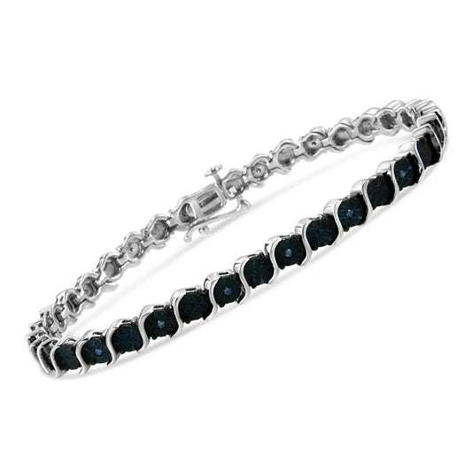 .925 Sterling Silver 1/10 Cttw Miracle-Set Treated Blue Color Diamond Miracle Plate "S" Link Tennis Bracelet (Blue Color, I2- I3 Clarity) - 7.25" - Bijoux-NYC Direct