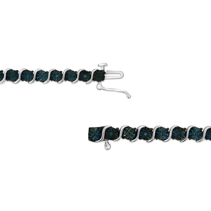 .925 Sterling Silver 1/10 Cttw Miracle-Set Treated Blue Color Diamond Miracle Plate "S" Link Tennis Bracelet (Blue Color, I2- I3 Clarity) - 7.25" - Bijoux-NYC Direct