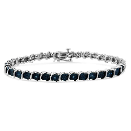 .925 Sterling Silver 1/10 Cttw Miracle-Set Treated Blue Color Diamond Miracle Plate "S" Link Tennis Bracelet (Blue Color, I2- I3 Clarity) - 7.25" - Bijoux-NYC Direct
