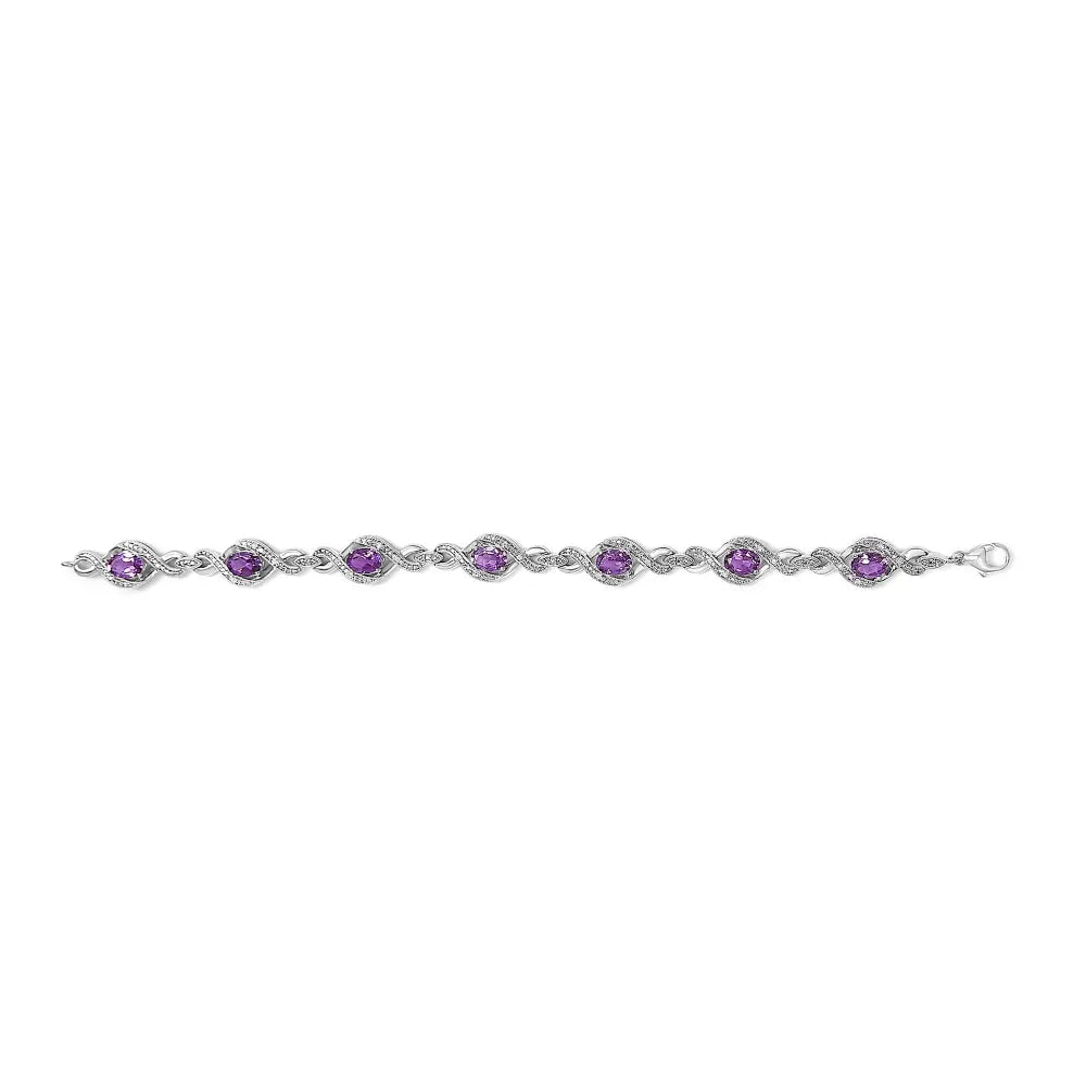 .925 sterling silver 1/10 cttw natural round diamond and 7x5mm oval amethyst cross tennis bracelet (i j color i1 i2 clarity) 7’’