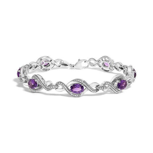 .925 sterling silver 1/10 cttw natural round diamond and 7x5mm oval amethyst cross tennis bracelet (i j color i1 i2 clarity) 7’’