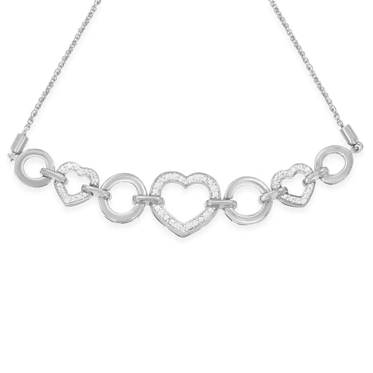 .925 sterling silver 1/10 cttw round cut diamond heart link adjustable bolo bracelet (h i color i2 i3 clarity) 6’’ 9’’