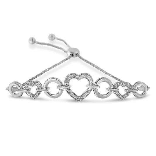 .925 sterling silver 1/10 cttw round cut diamond heart link adjustable bolo bracelet (h i color i2 i3 clarity) 6’’ 9’’