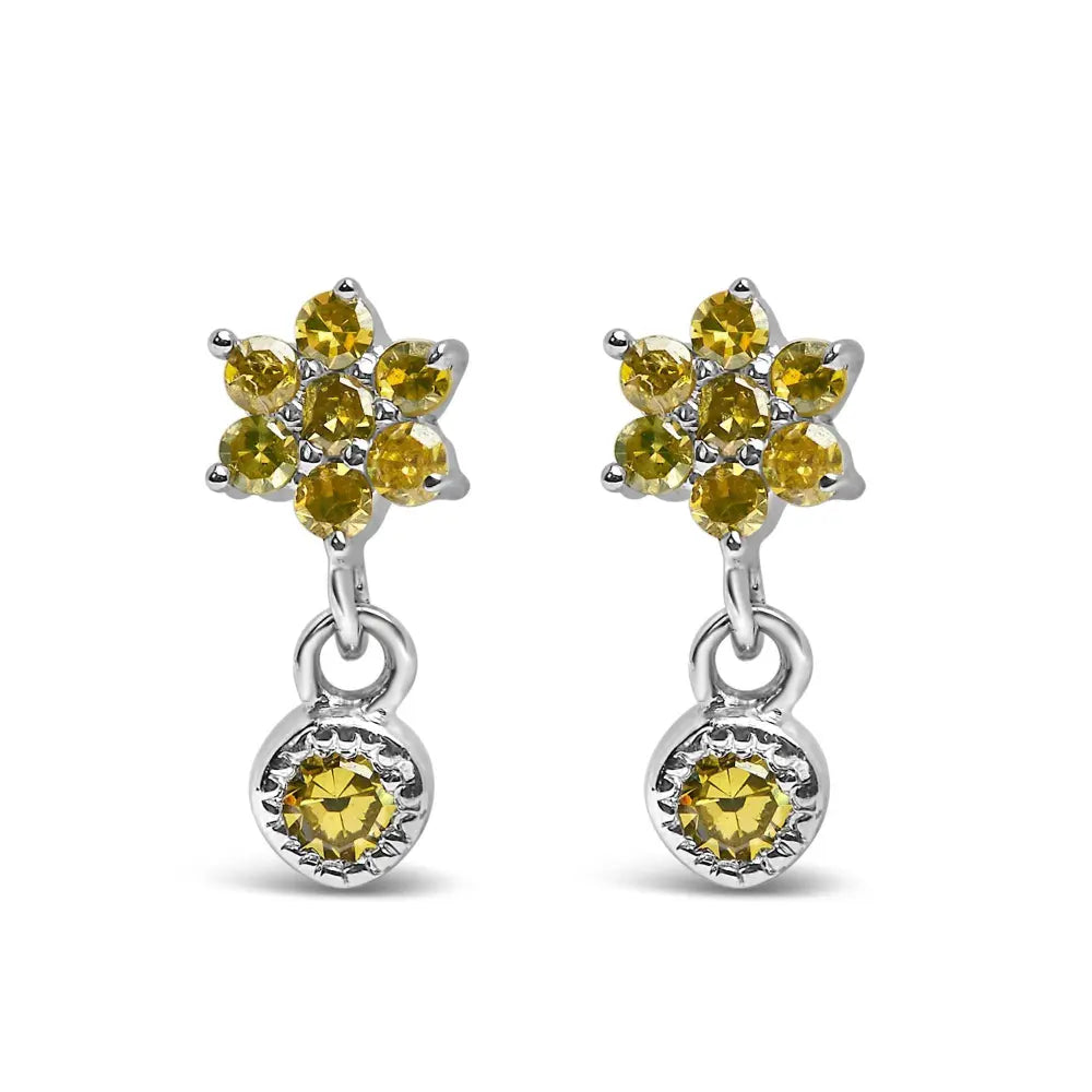 .925 Sterling Silver 1/10 Cttw Yellow Diamond Star Stud with Bezel Drop Dangle Earrings (Yellow Color, I2-I3 Clarity) - Bijoux-NYC Direct