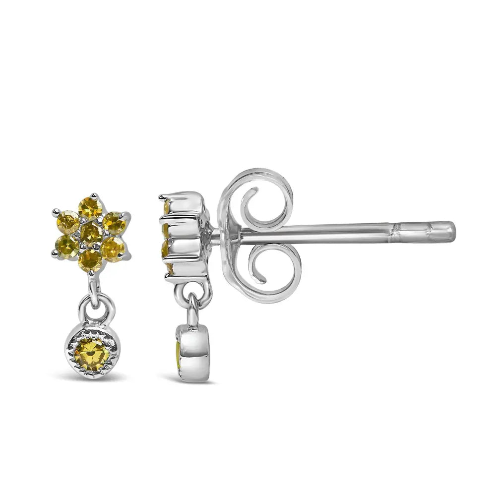 .925 Sterling Silver 1/10 Cttw Yellow Diamond Star Stud with Bezel Drop Dangle Earrings (Yellow Color, I2-I3 Clarity) - Bijoux-NYC Direct
