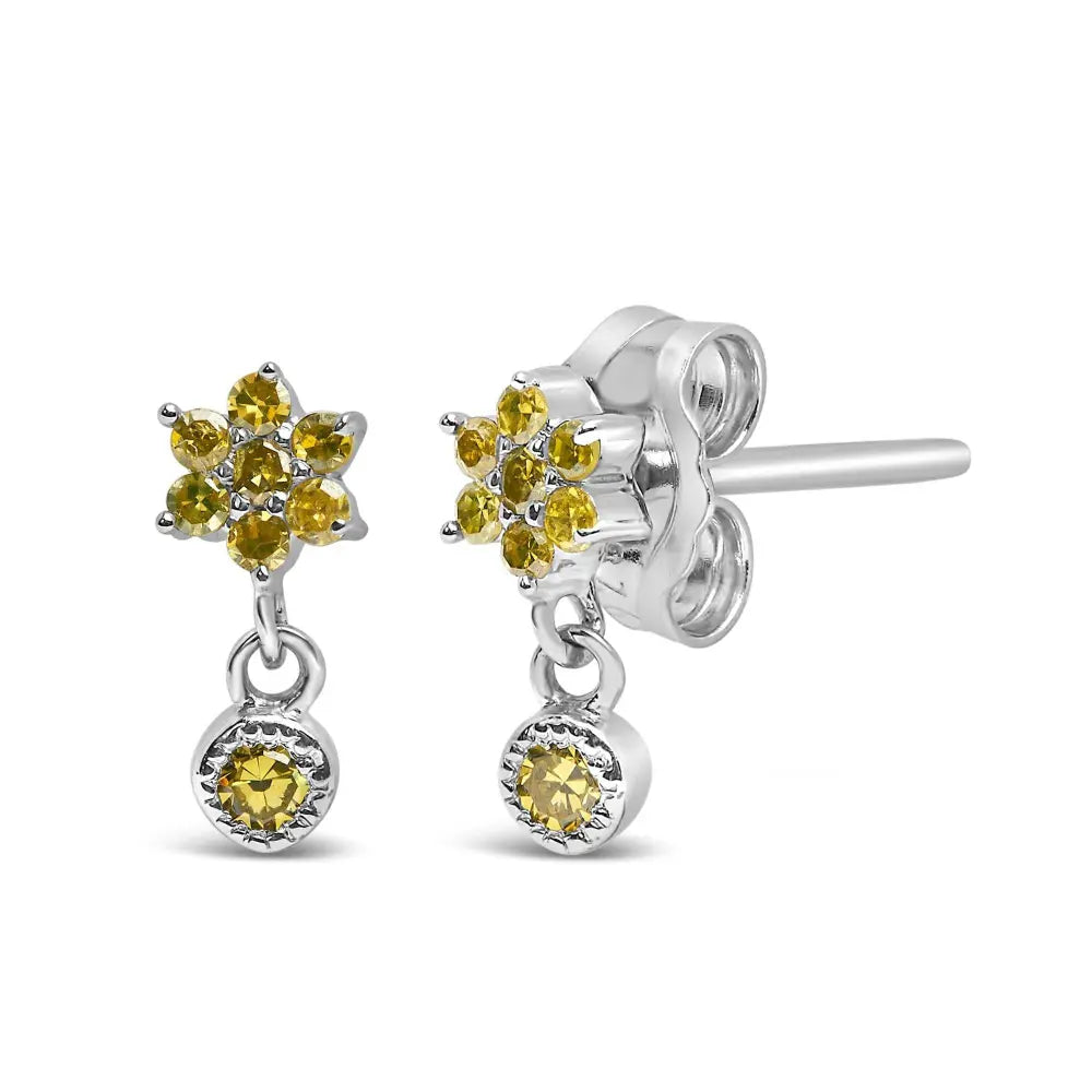 .925 Sterling Silver 1/10 Cttw Yellow Diamond Star Stud with Bezel Drop Dangle Earrings (Yellow Color, I2-I3 Clarity) - Bijoux-NYC Direct